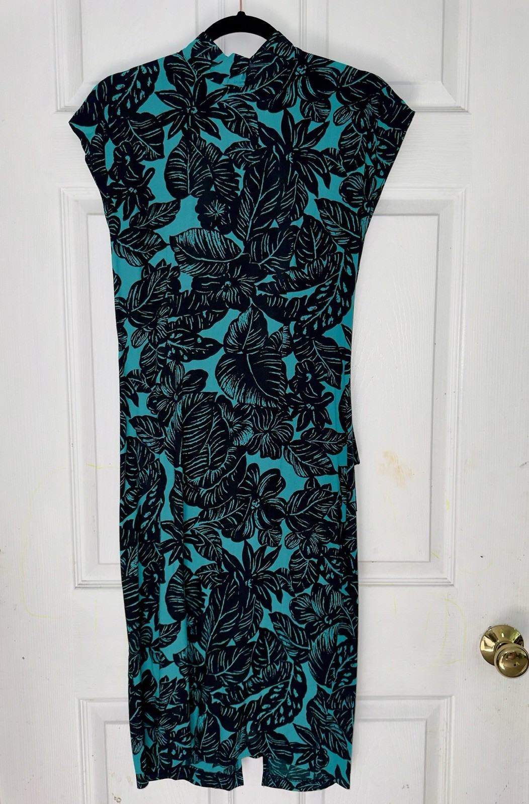 Vintage Milanzo 40’s Style Tropical Print Teal Dress Open Peplum Back – 7/8