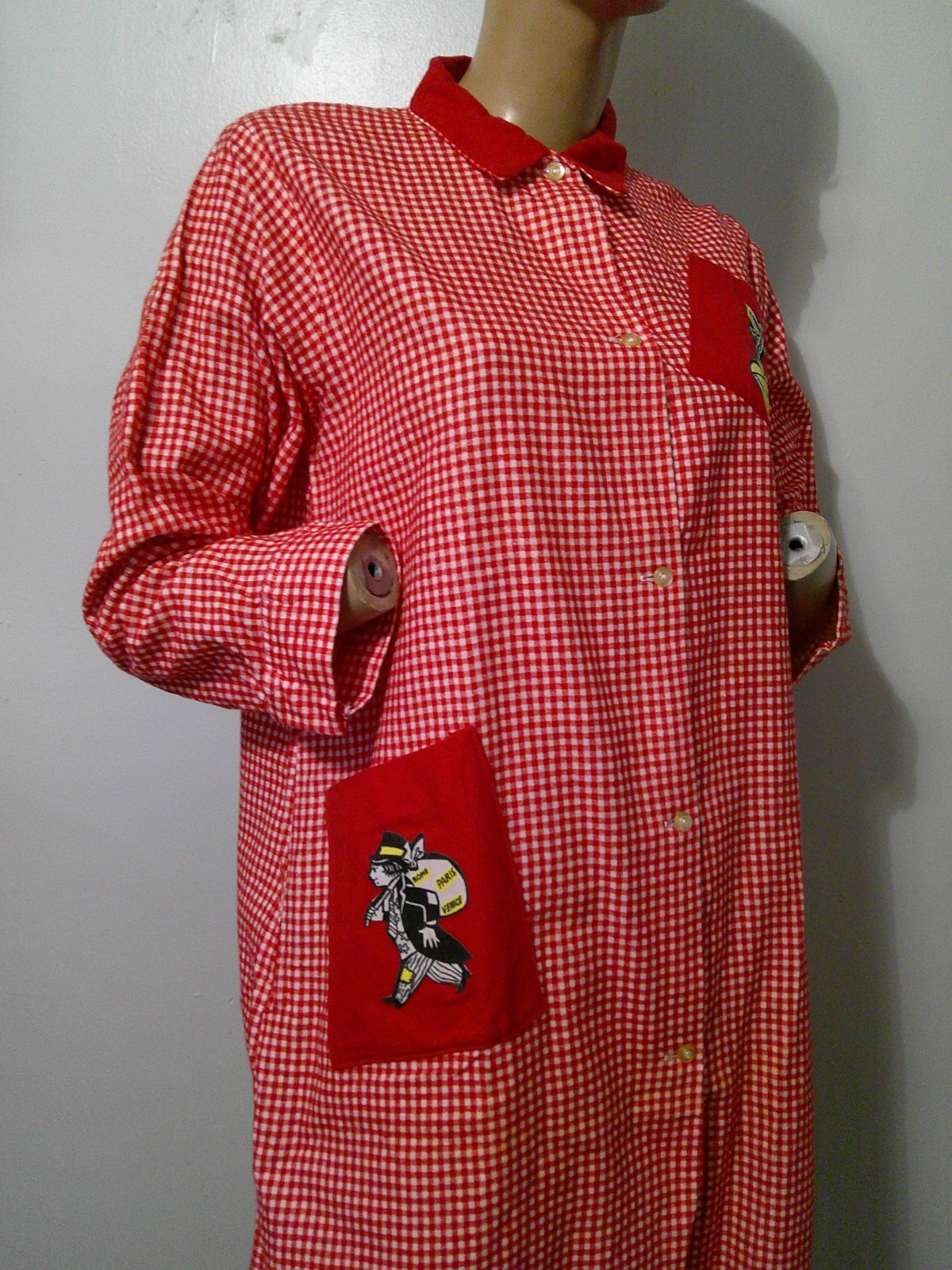 NOS Vtg 60s MOD Cotton Flannel Red Gingham Duster Housecoat House Dress S NWOT