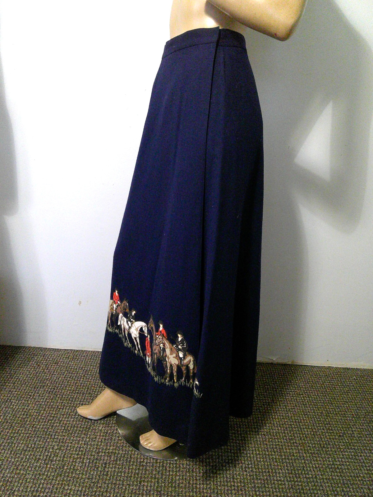 Vtg 70’s Equestrian English Riding Fox Hunt Applique Navy Wool Wrap Maxi Skirt S