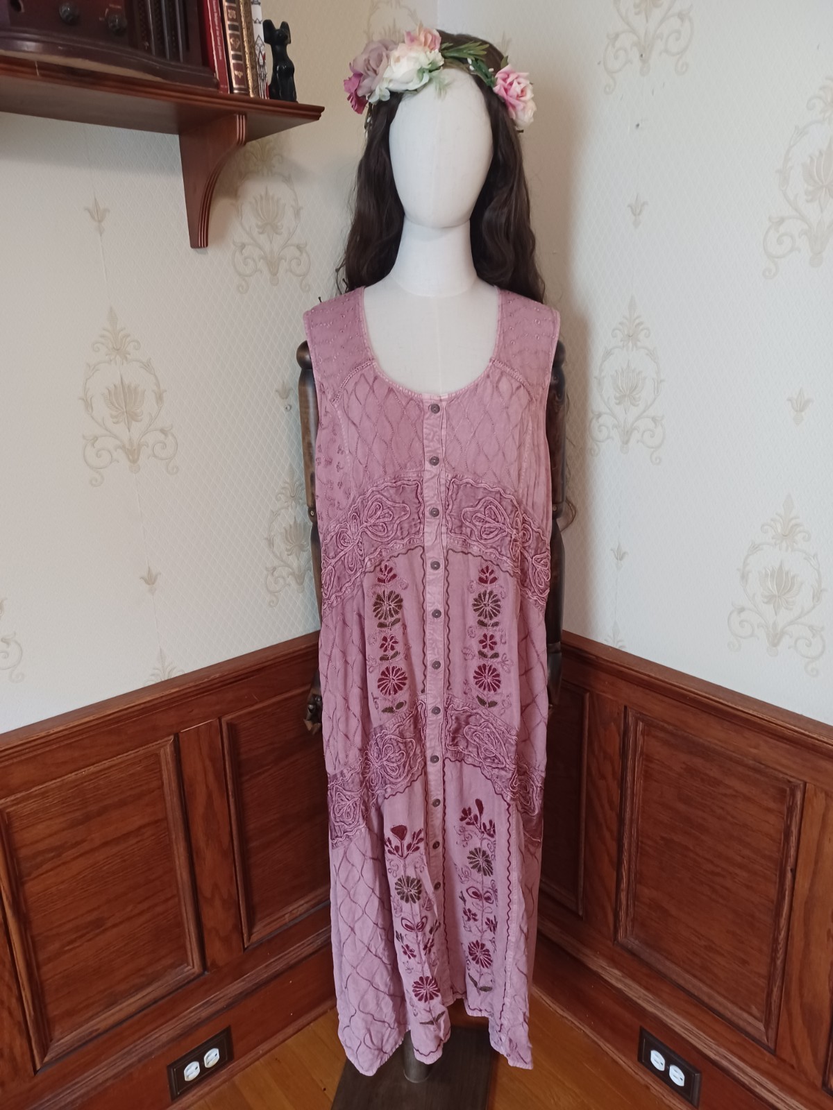 Vintage Pyramid Collection Rose Fairycore Boho Festival Embroidered Dress, 2X