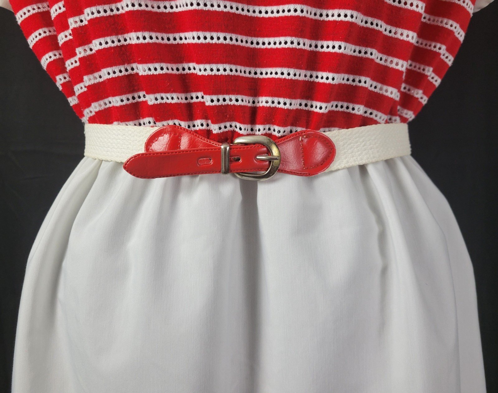 Vintage Boatneck Blouson Dress w Red & White Striped Bodice & White Skirt Size L