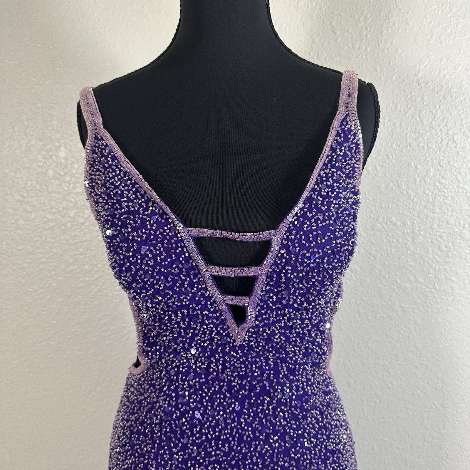 VTG Scala Maxi Dress 100% Silk Beaded Formal Cut Out Slit SZ Medium* Prom Purple
