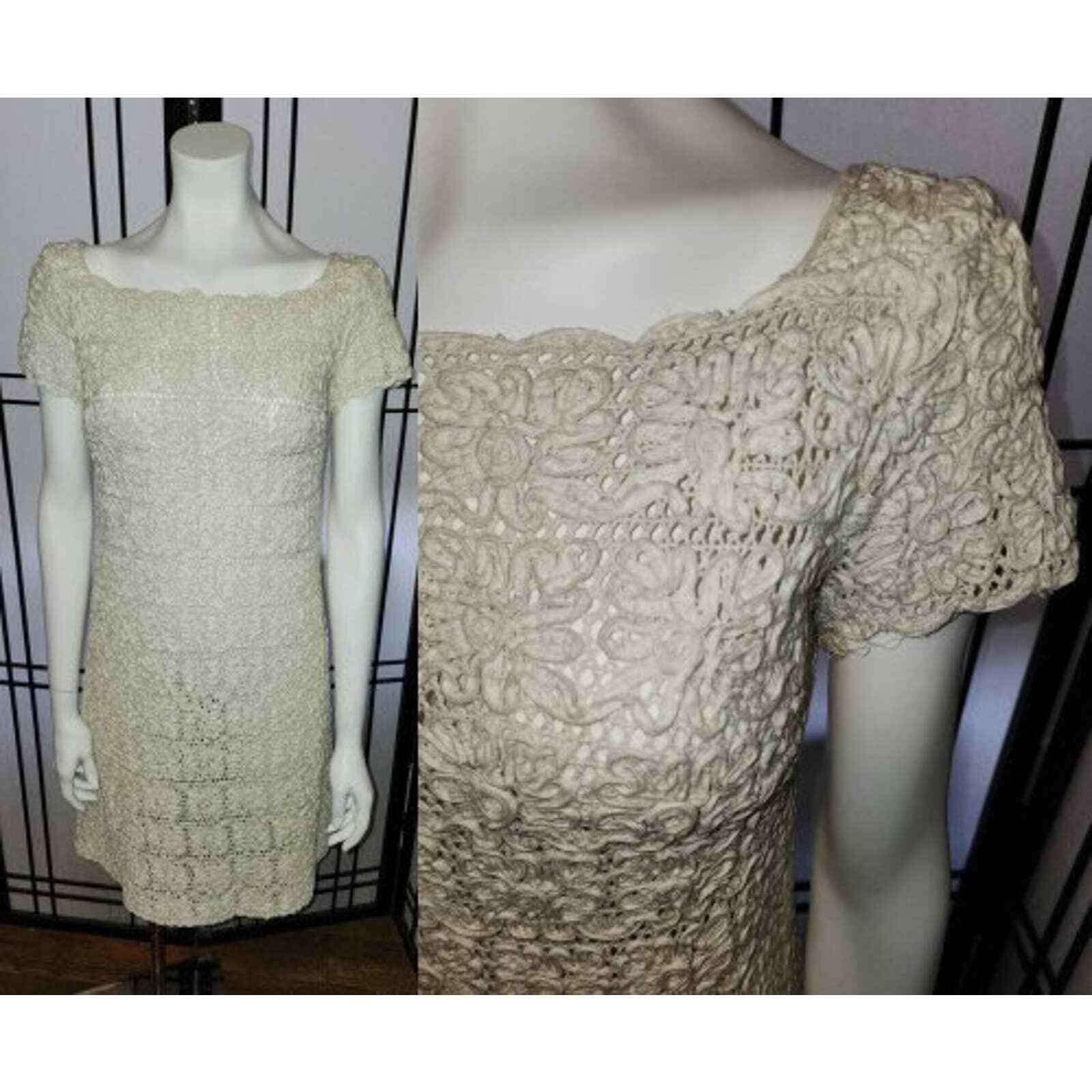Vintage 60s Cream Soutache Minidress Tape Lace Tunic Dress Hippie Boho Mod XS