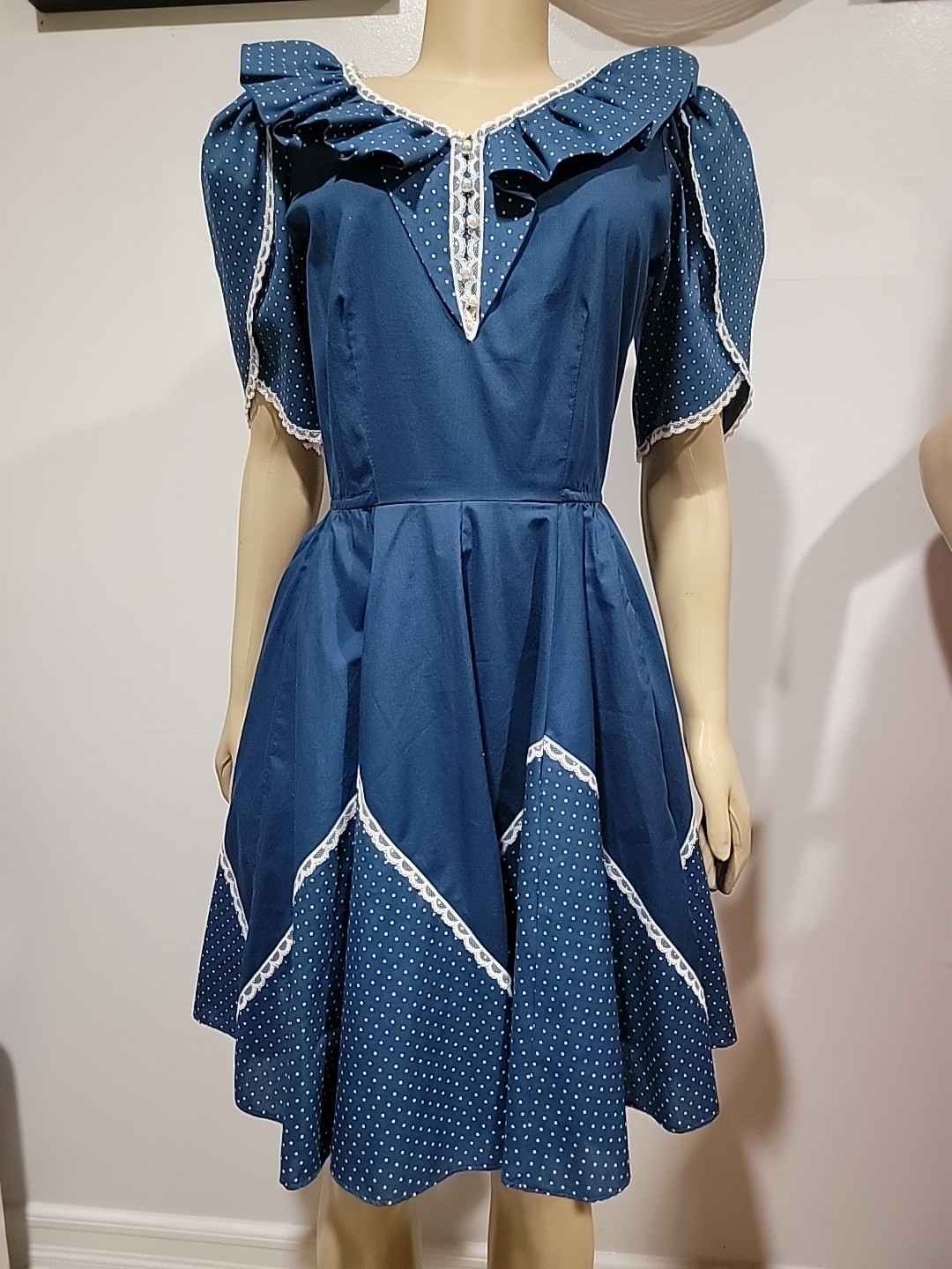 Partners Please Malco Modes Square Dance Dress Size 8 Blue White Polka Dots #CC