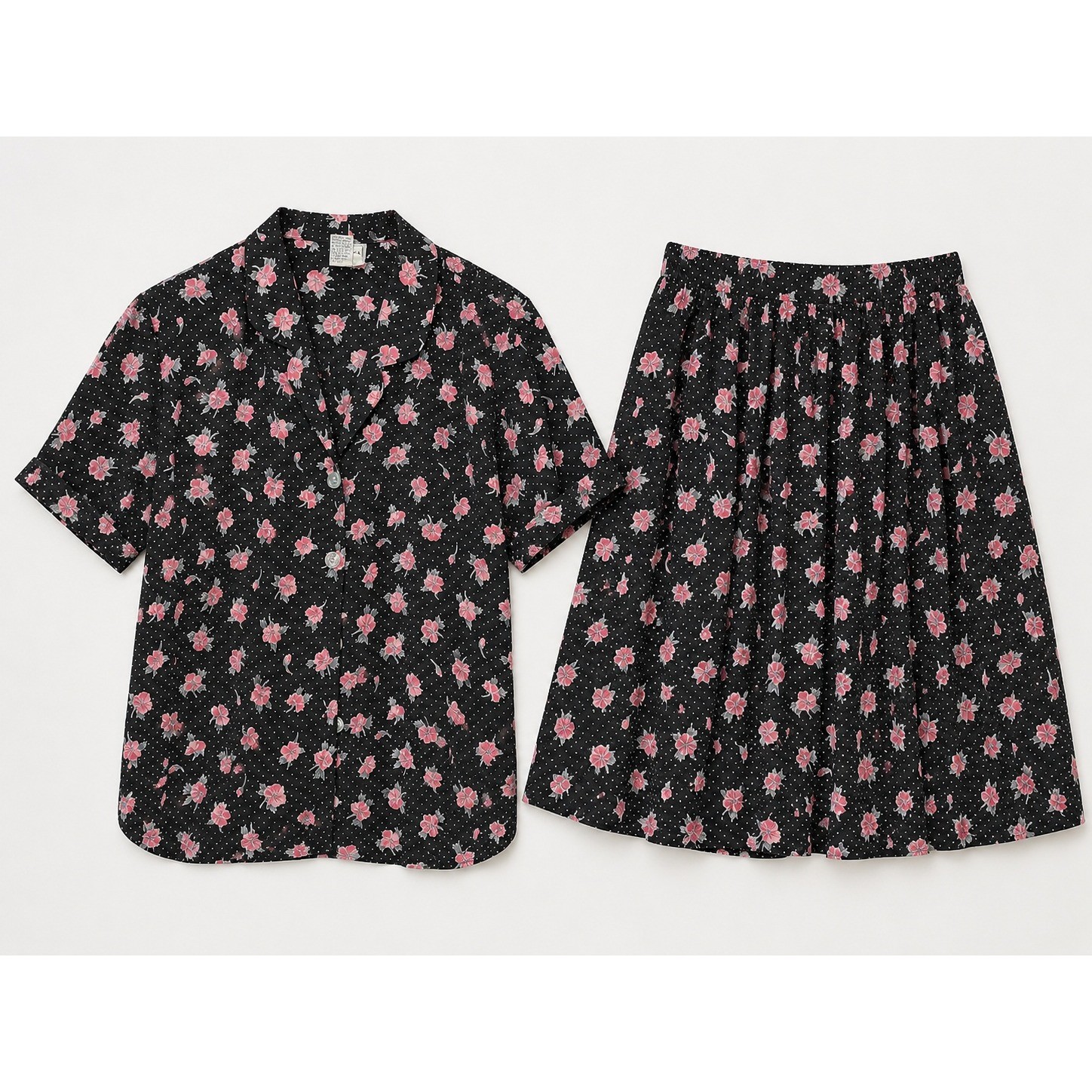 Vintage Floral Polka Dot Button Up Shirt and Skirt Two Piece Set Black Pink