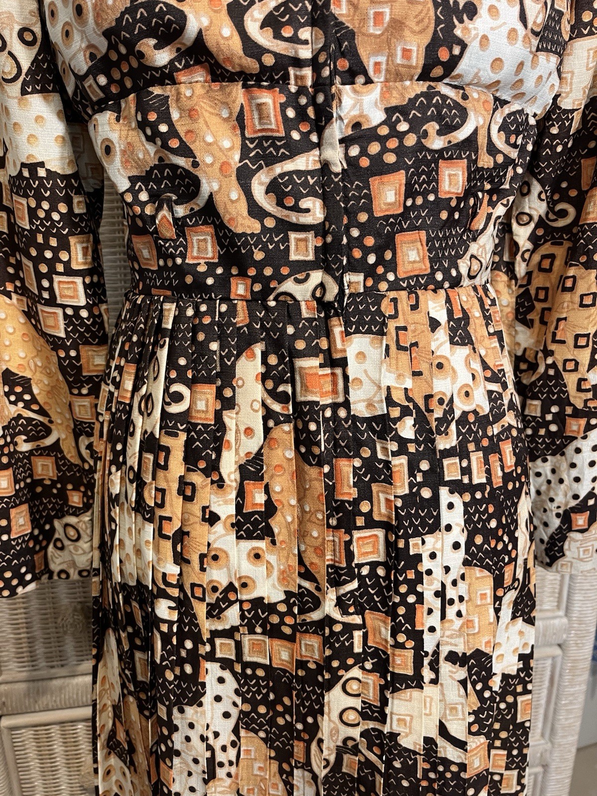 Vtg 1970’s Jaguars Psychedelic Print Dress S Mandarin Collar Pleated Skirt Union