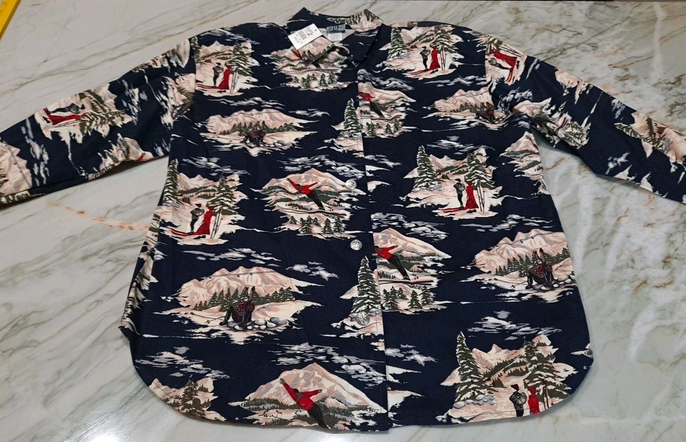 NOS NWT long Sleeve Button Down Shirt 12 Graphic Print Snow Skiing Shirt Sz 12