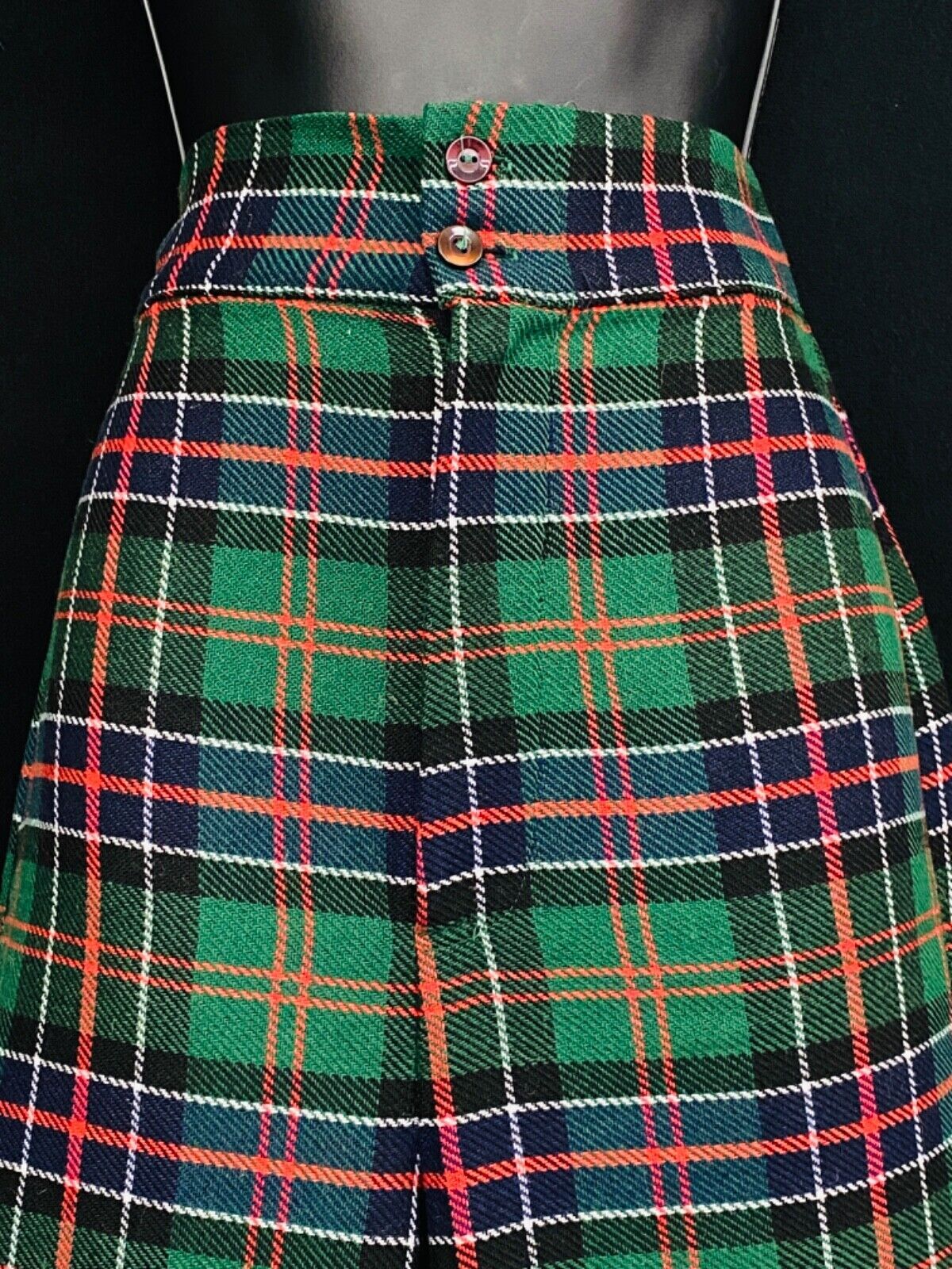 Vintage 1970s green plaid pants, wide leg red bell bottom high waist slacks