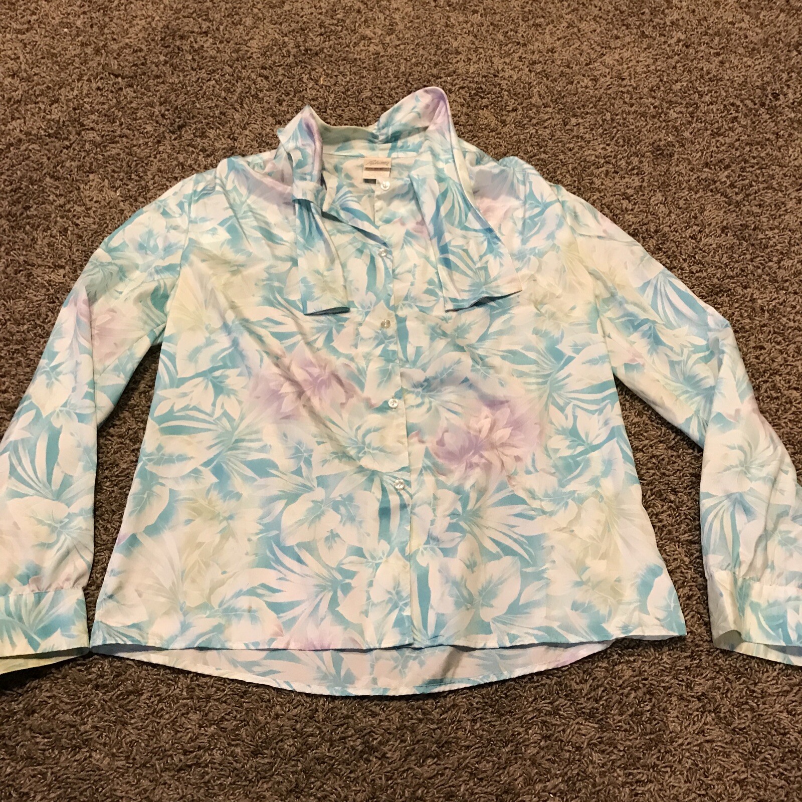 vtg lykettes womens size 14 polyester blouse button up floral blue purple a41