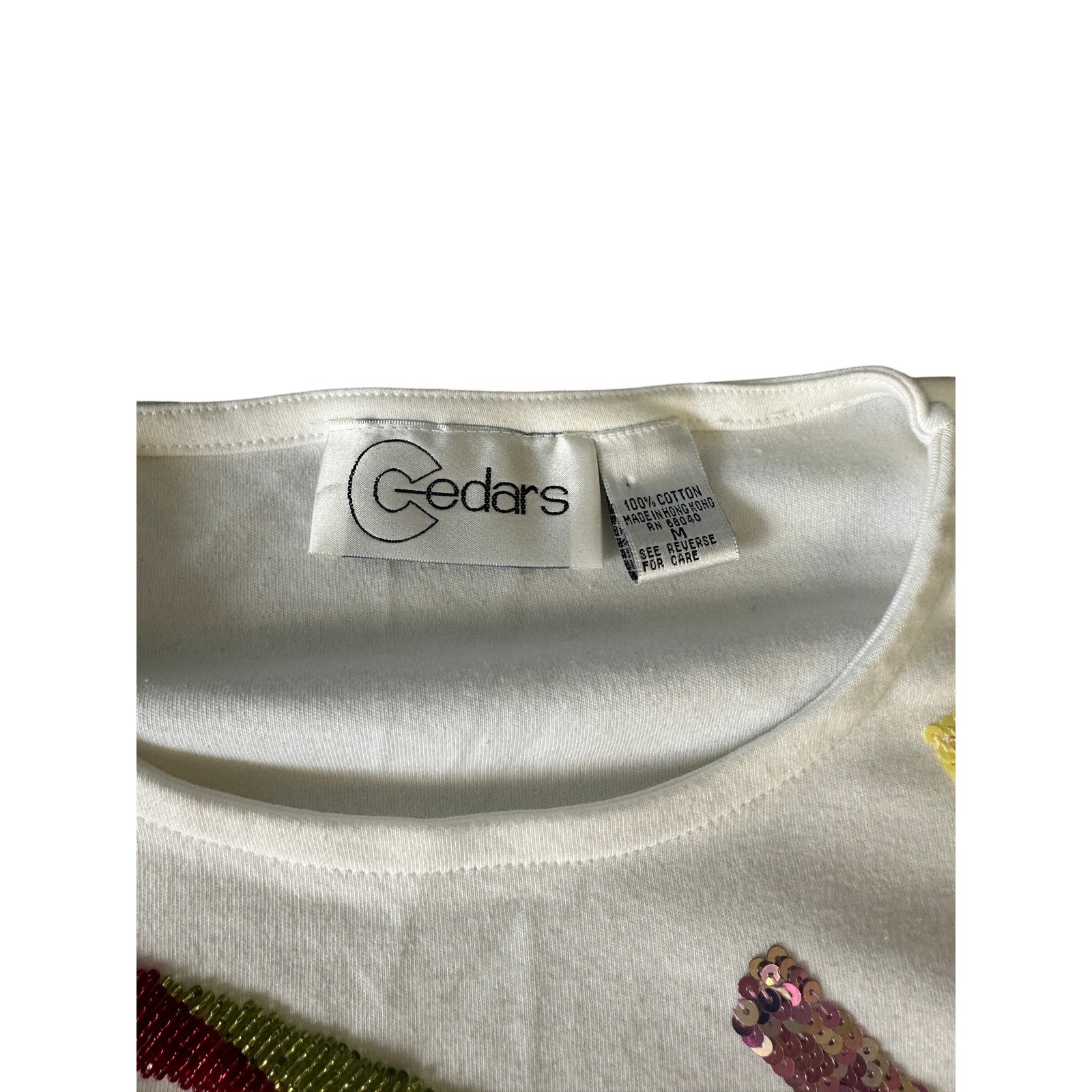 Cedars Vintage 90s White Sequin Beaded Abstract T-Shirt Womens M Oversized JS