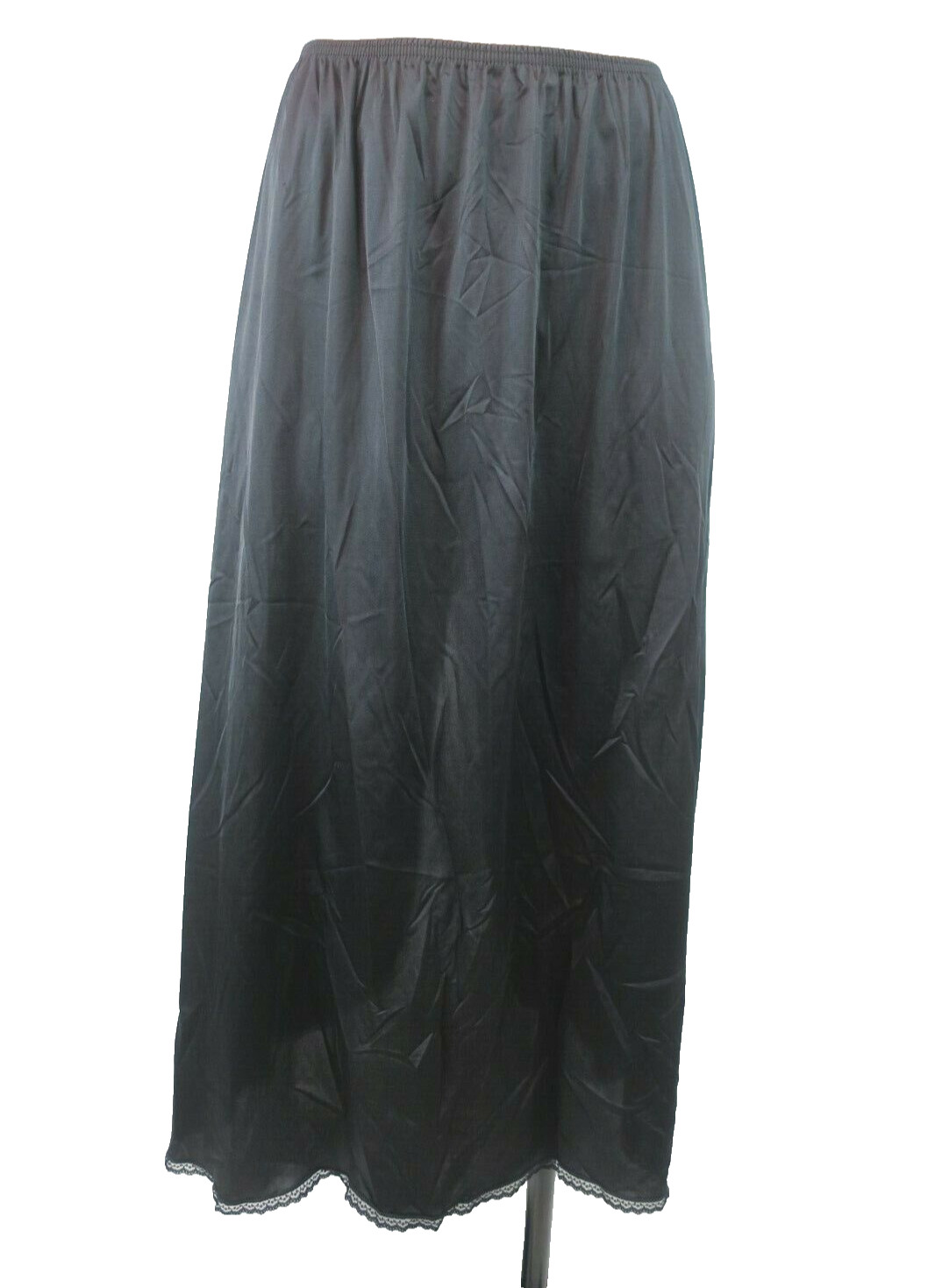 VTG 90s VANITY FAIR BLACK NYLON Long SLIP SKIRT Sz M 32″ long Slit Lace NWOT