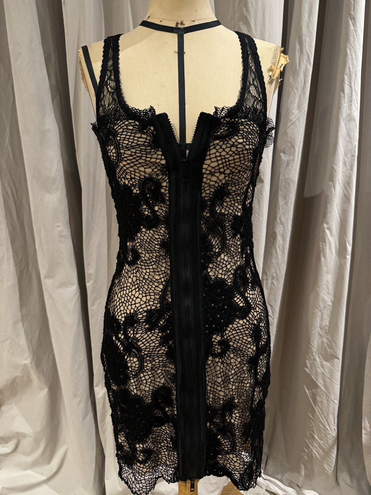 Ann Ferriday Rare Vintage Net Lace Silk Trimmed Zipper Corset Dress S With Tags