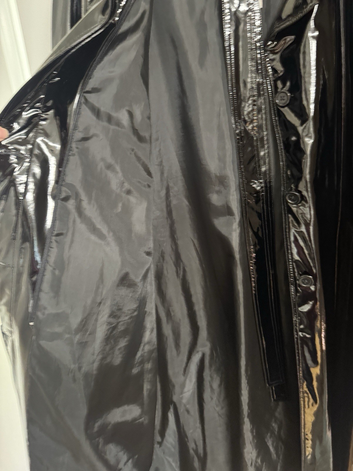 VINTAGE Slick Black Maxi Belted Trench Coat GANTOS USA Goth WM XL