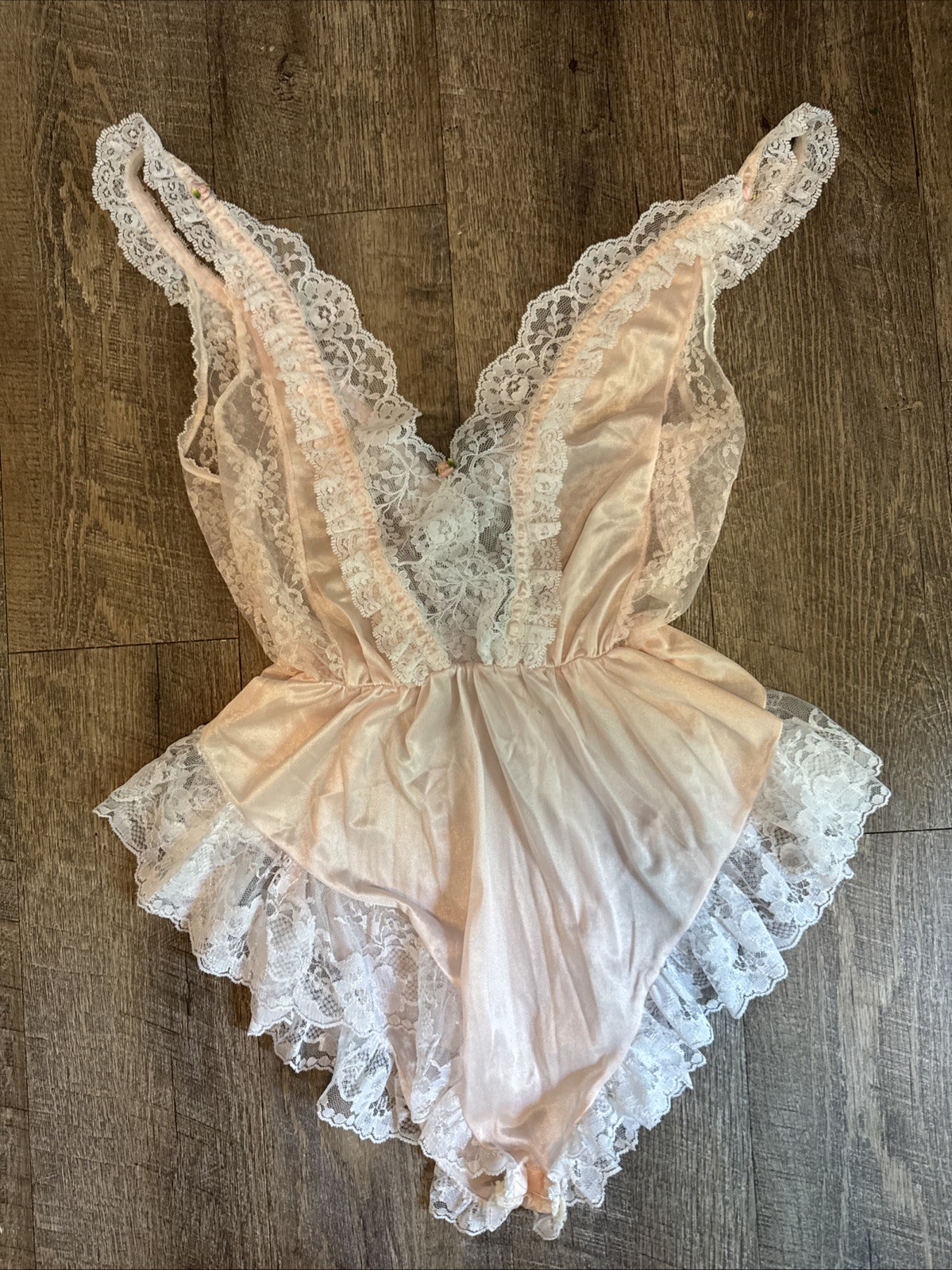 Vintage 80s Sears Pink Satin Flutter Lace Teddy Bodysuit Romper Ruffle Med