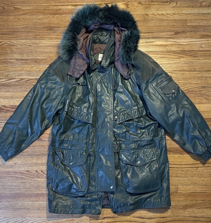 Vintage Laura Winston Leather Jacket Green Faux Fur Trim Parka Women’s Size L