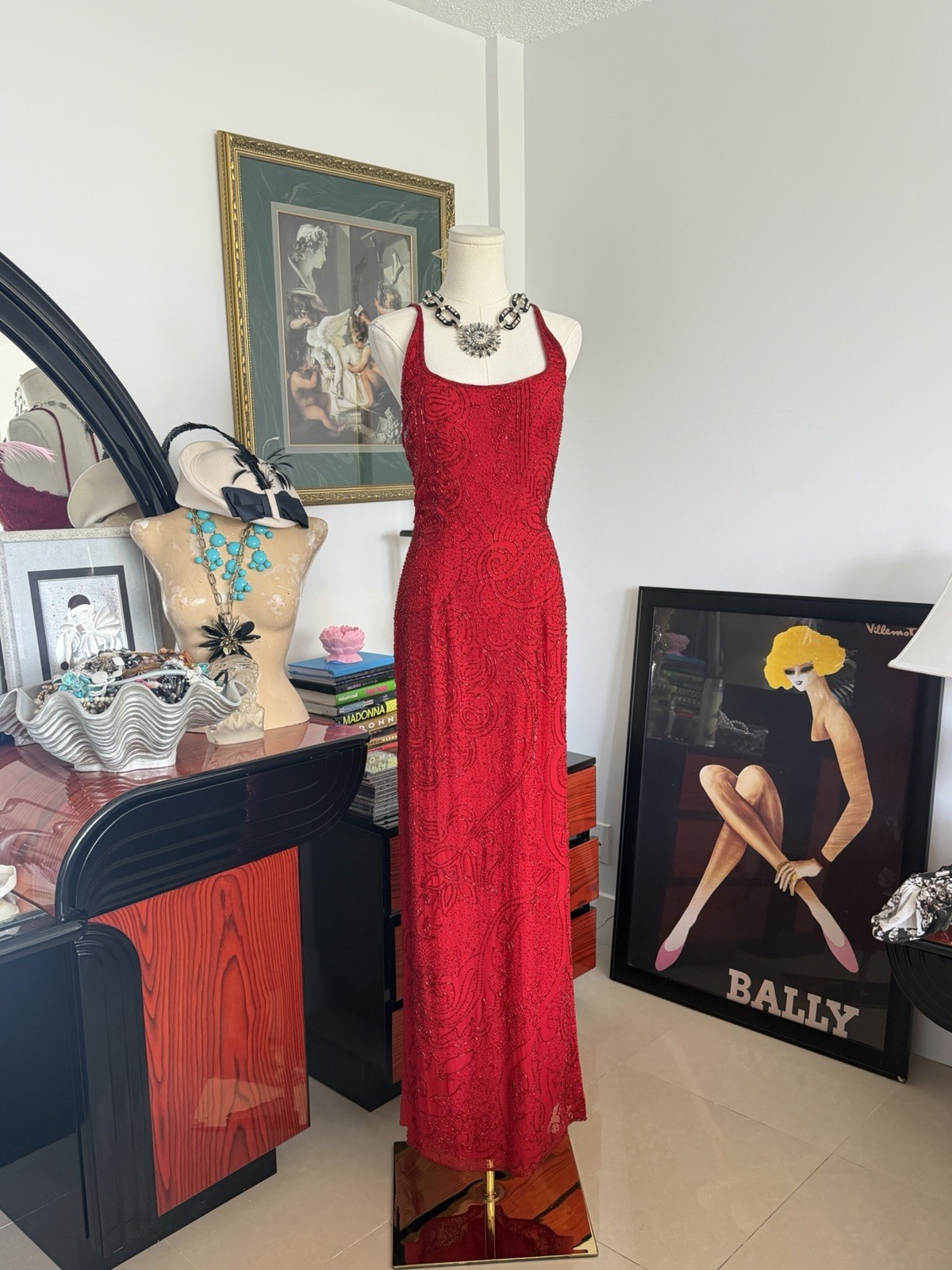 Vintage Cache Red Fully Beaded Evening Gown Deadstock NWT Size M