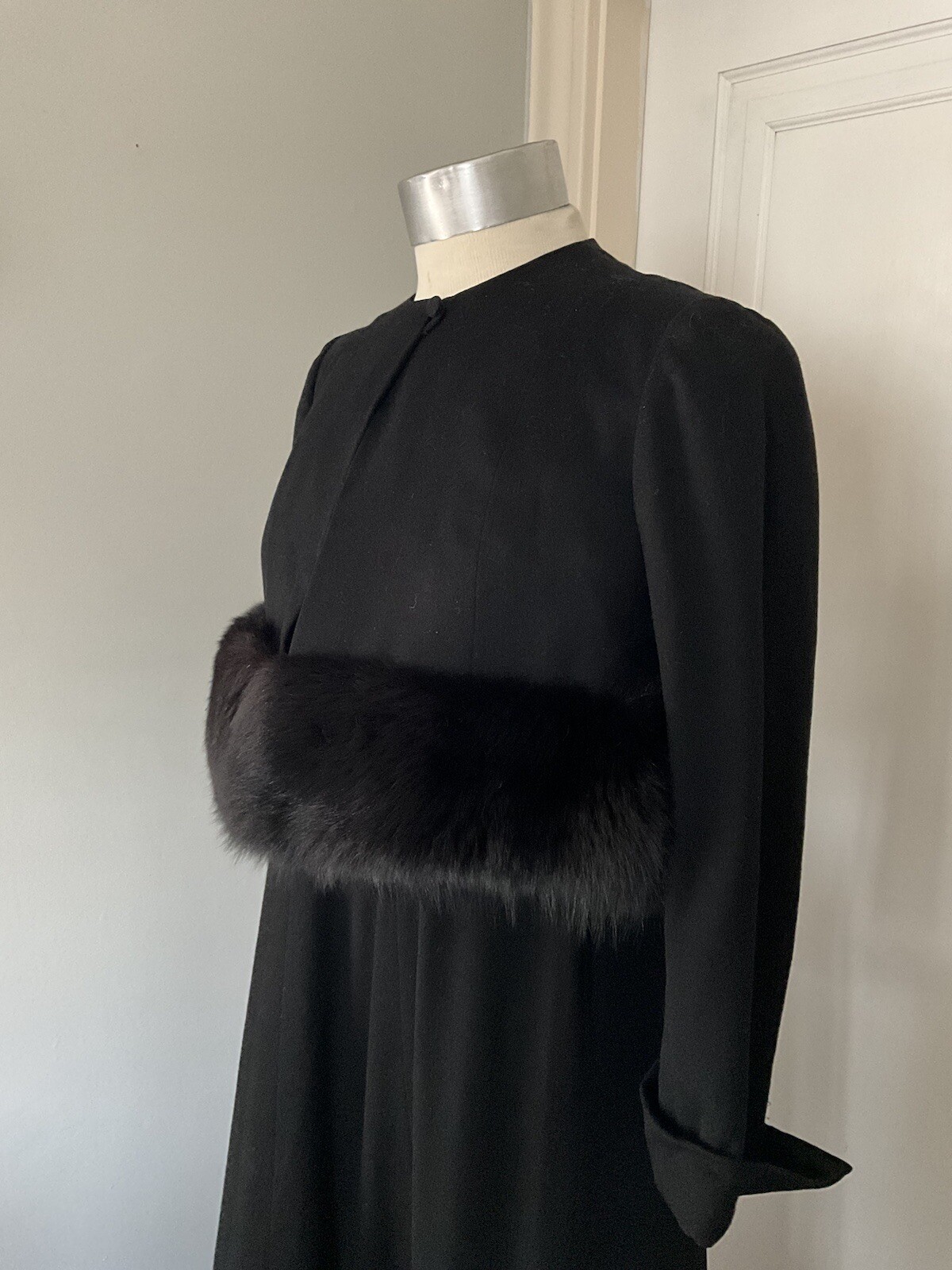 Vintage c.1965 Pauline Trigere Black Wool Dress and Bolero with Fox Fur