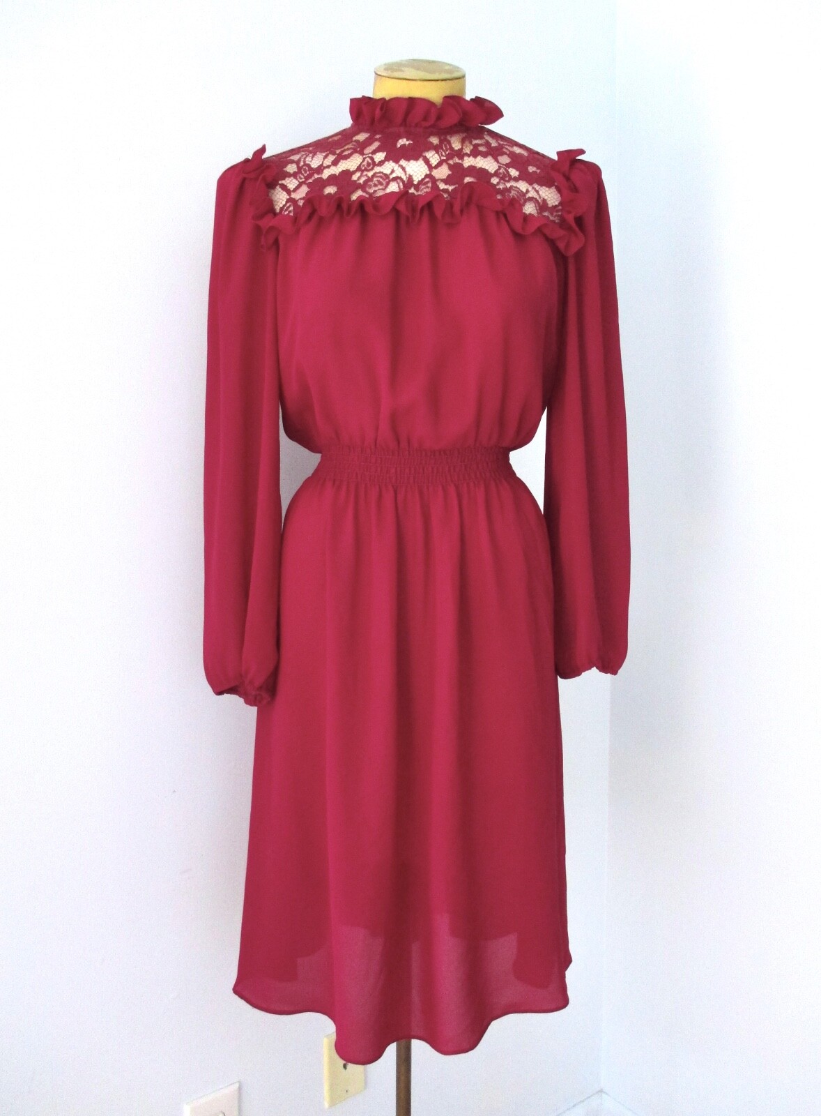 Vtg 70s Burgundy Red Poly Chiffon Secretary Dress High Neck Sheer Lace Yoke 11