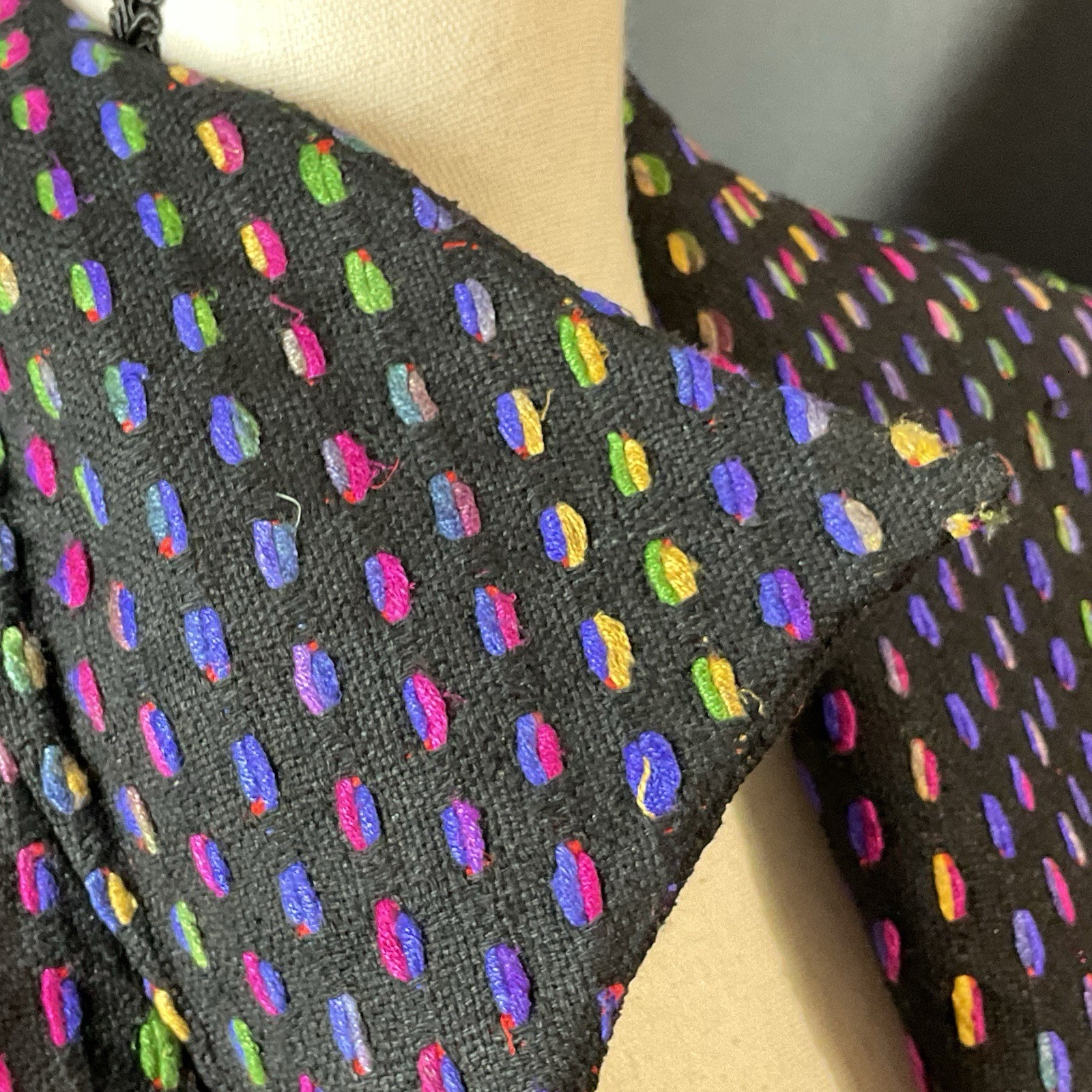 VTG Ann May 100% Silk Blazer Black Multi Color Size 8 Lined Shoulder Pads Retro
