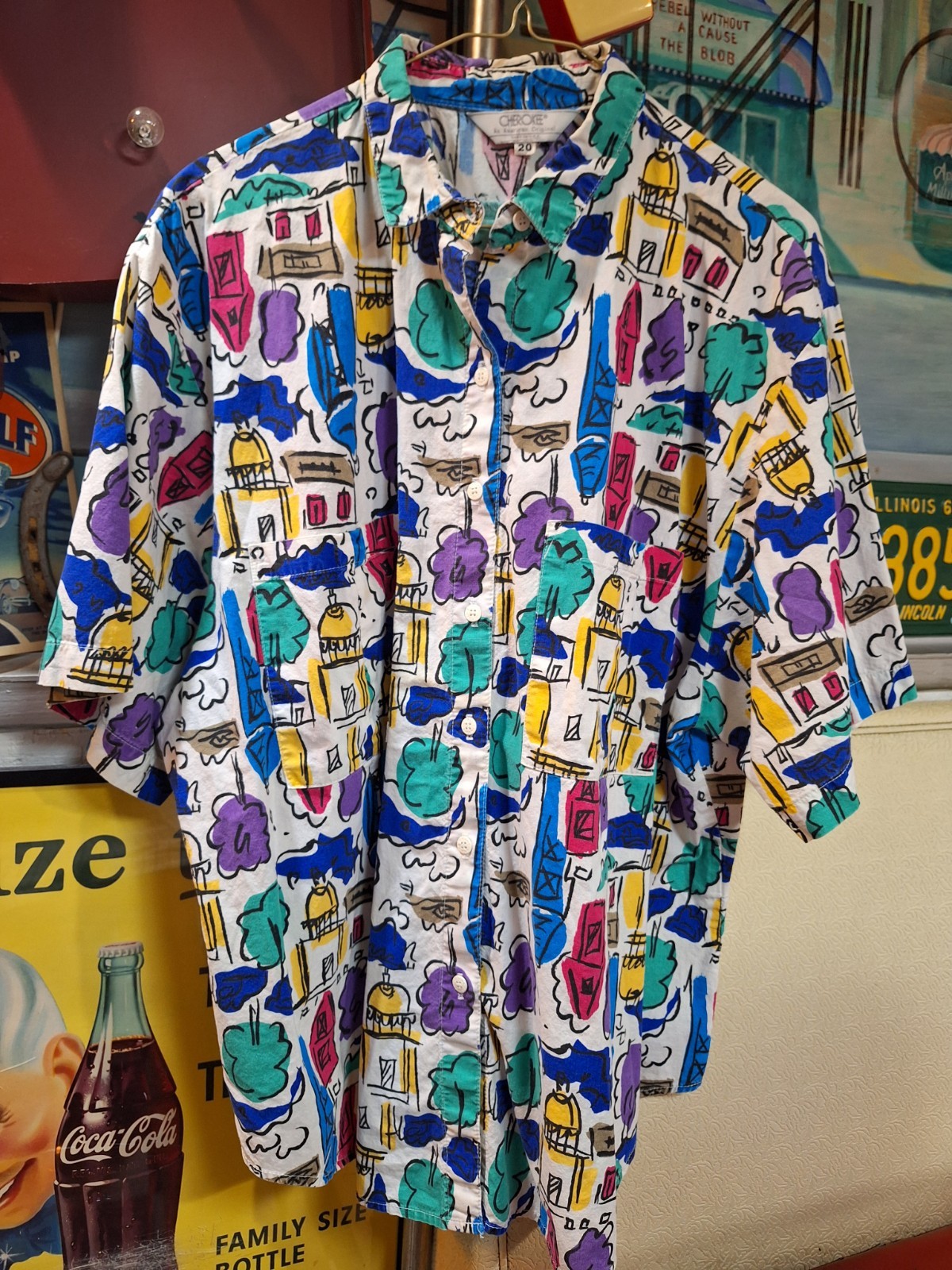 True VTG 1980s Cherokee Abstract Colorful Button Up Down Shirt L XL Colorful 80s