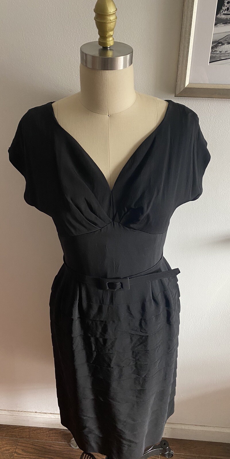 Vintage Dress Black Short Sleeves Lots Of Pleats Size 10 Belted Chest 34”
