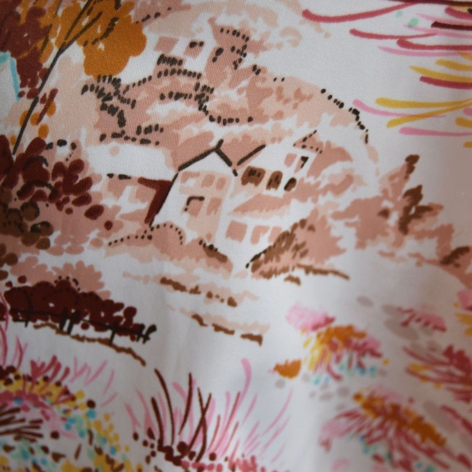 Vintage 70s Scenic Print Blouse Large XL Pink Cottage Landscape Shirt