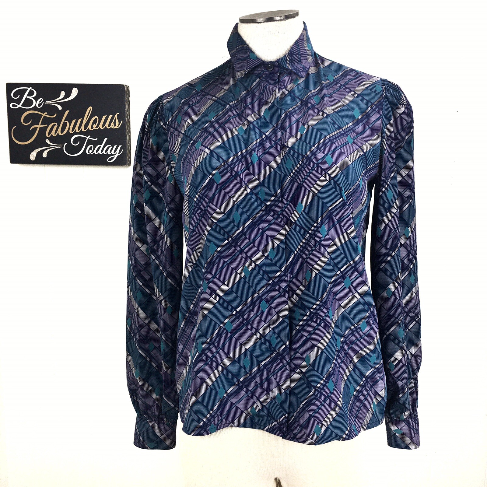 Vintage Personal Petites Polyester Button Down Blouse Geometric Secretary Chic