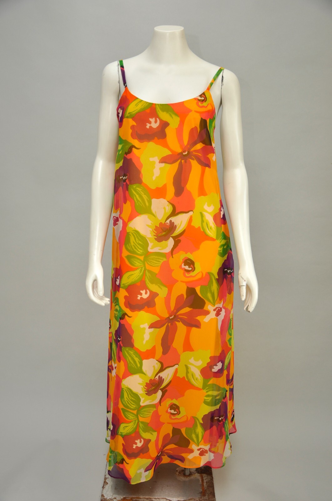 Vintage 1970s LEO NARDUCCI Floral Chiffon Sleeveless Maxi Dress Shirt Boho XS/S