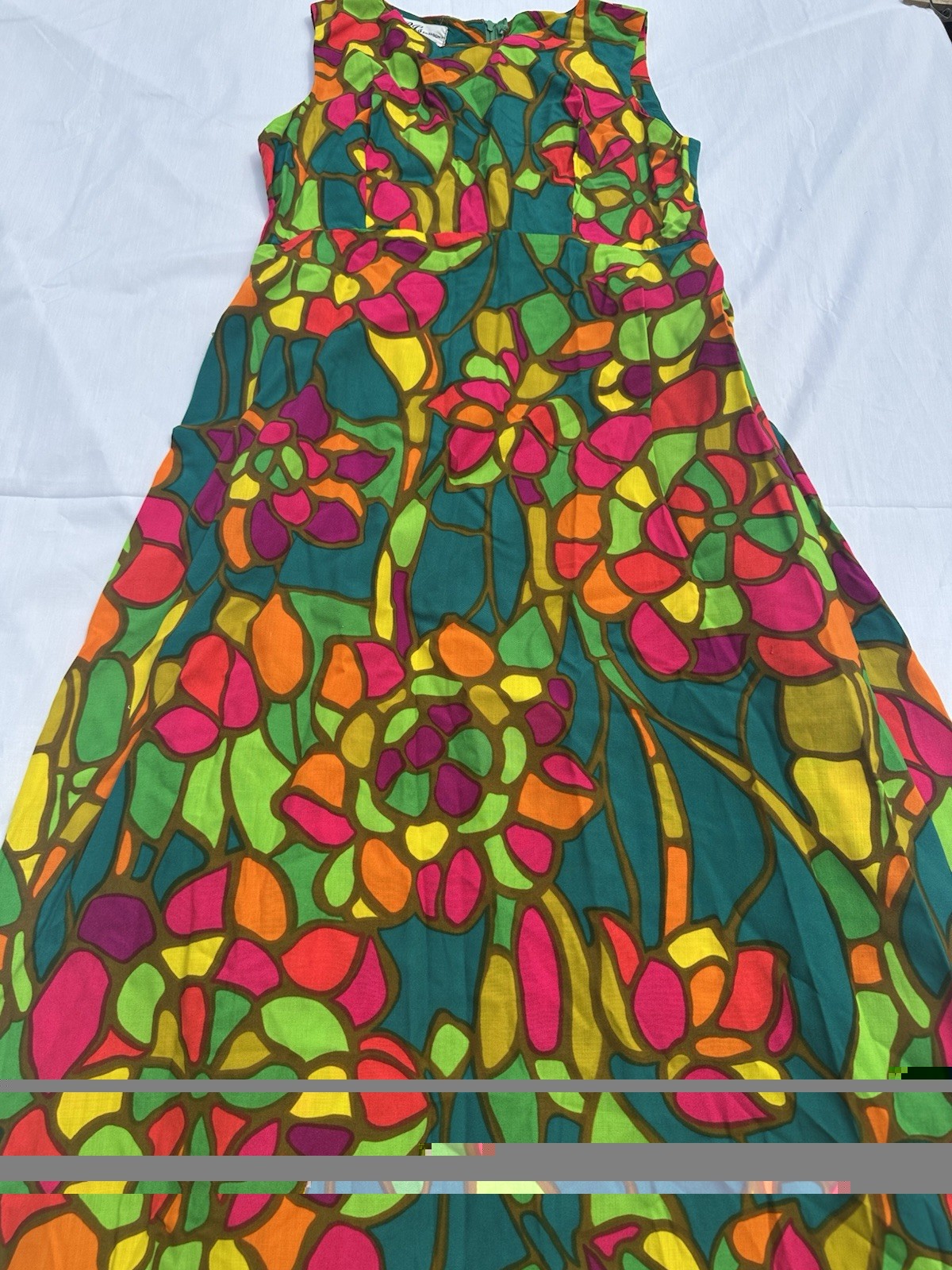 Vintage 1960s Mod PSYCHEDELIC Hawaiian NEON Tiki Dress Maxi Kaftan Cotton 1970s