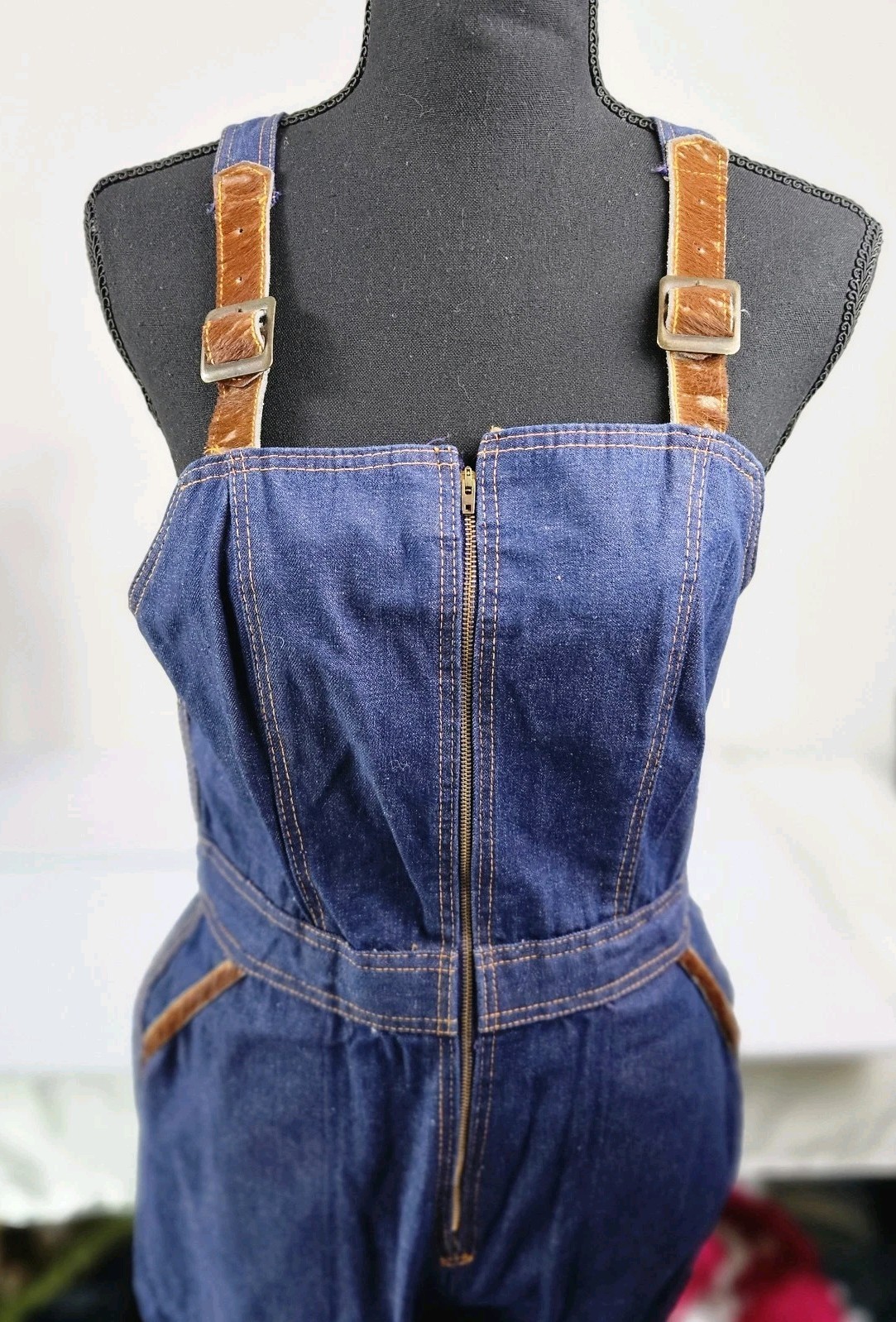 NWOT VTG 80s WHAT’S-IN-A-NAME Overalls Pony Leather Accent Orange Stitching Sz11