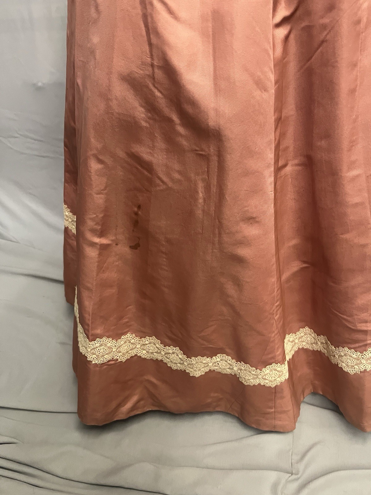 1890’s Peach Silk Faille & Lace Bustle Dinner Gown