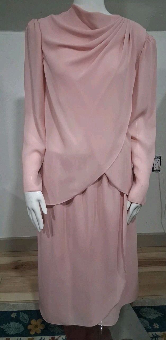 Vtg 60s 70s Dusty Rose pink chiffon dress 2 piece layered Secretary Sheer 18