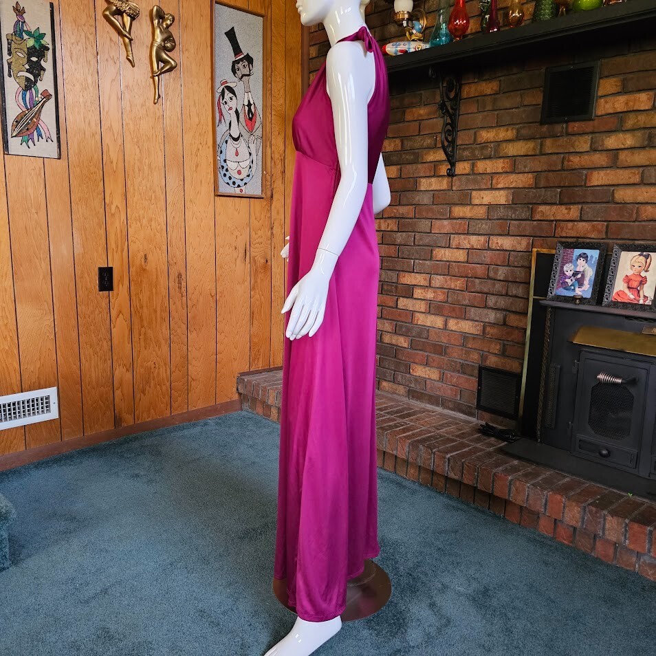 Vtg 70s Disco Wine Cold Shoulder Liquid Jersey Empire Maxi Dress Toga Gown S/M