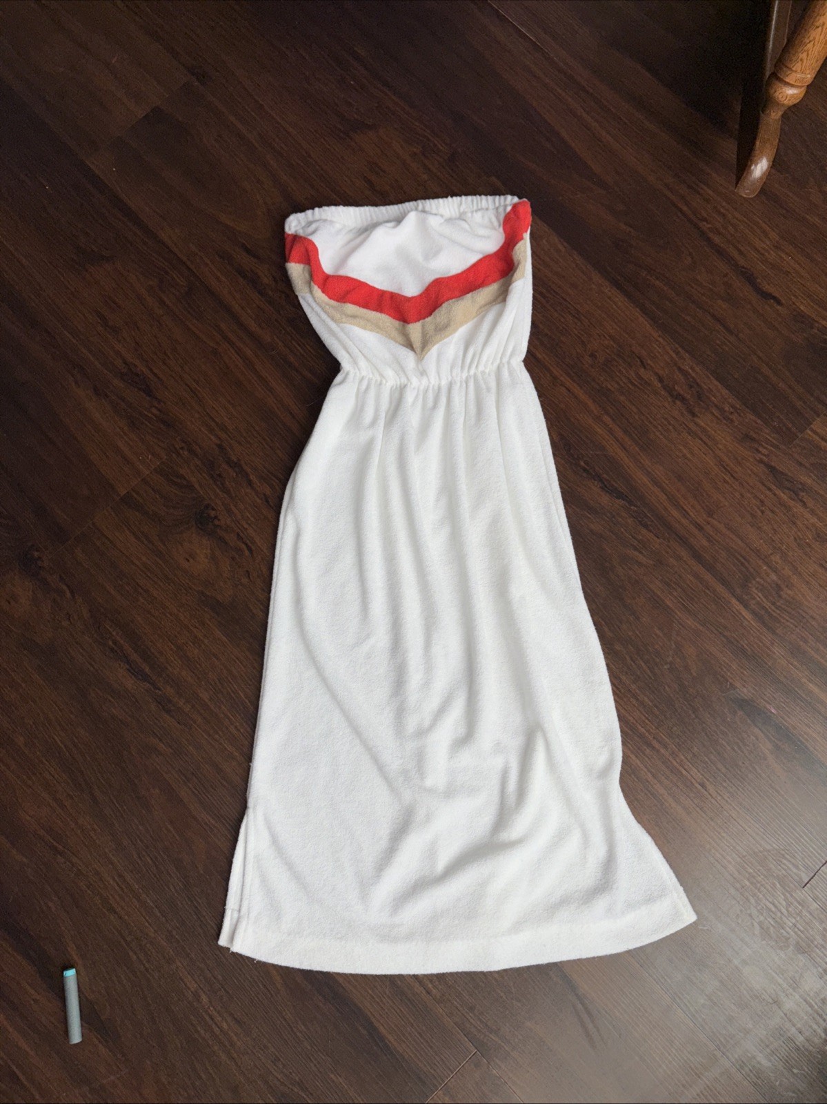 Vintage 70s White Terry Cloth Tube Dress Red Tan Stripe Cover Up Small