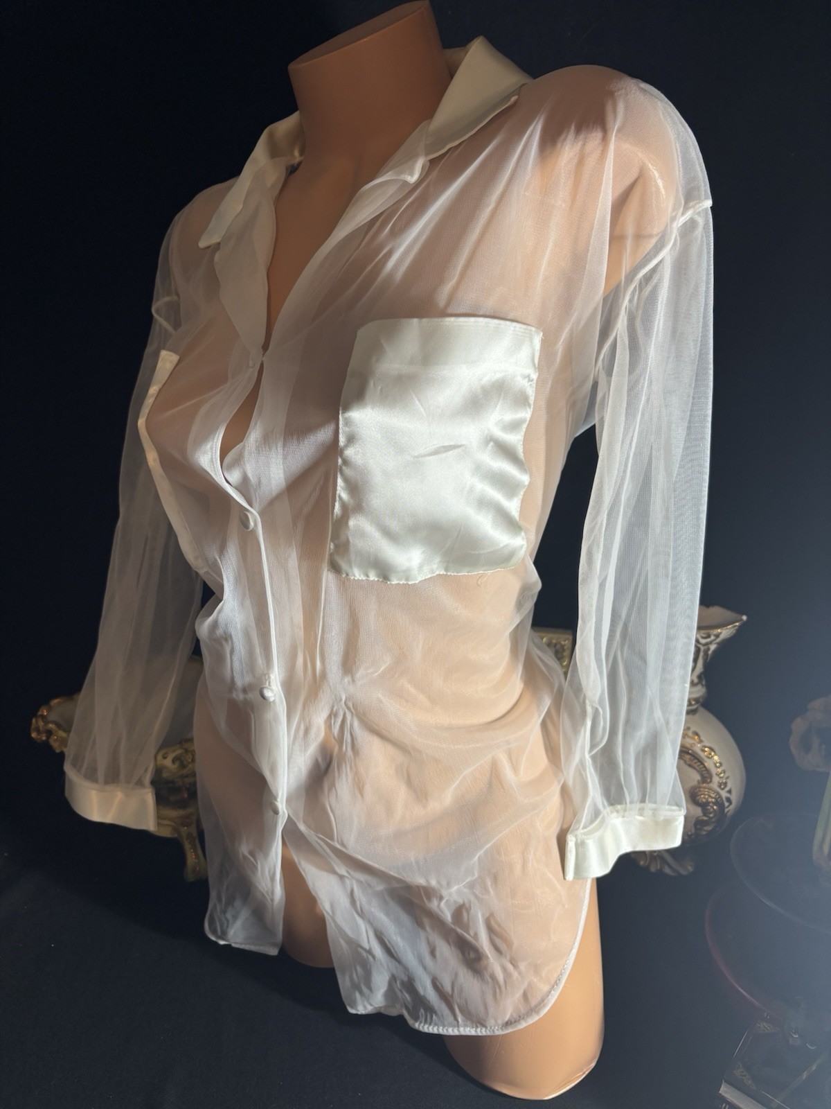 Vtg Silky Soft Nylon Wedding White Chiffon BUTTON UP NOTCH COLLAR BLOUSE
