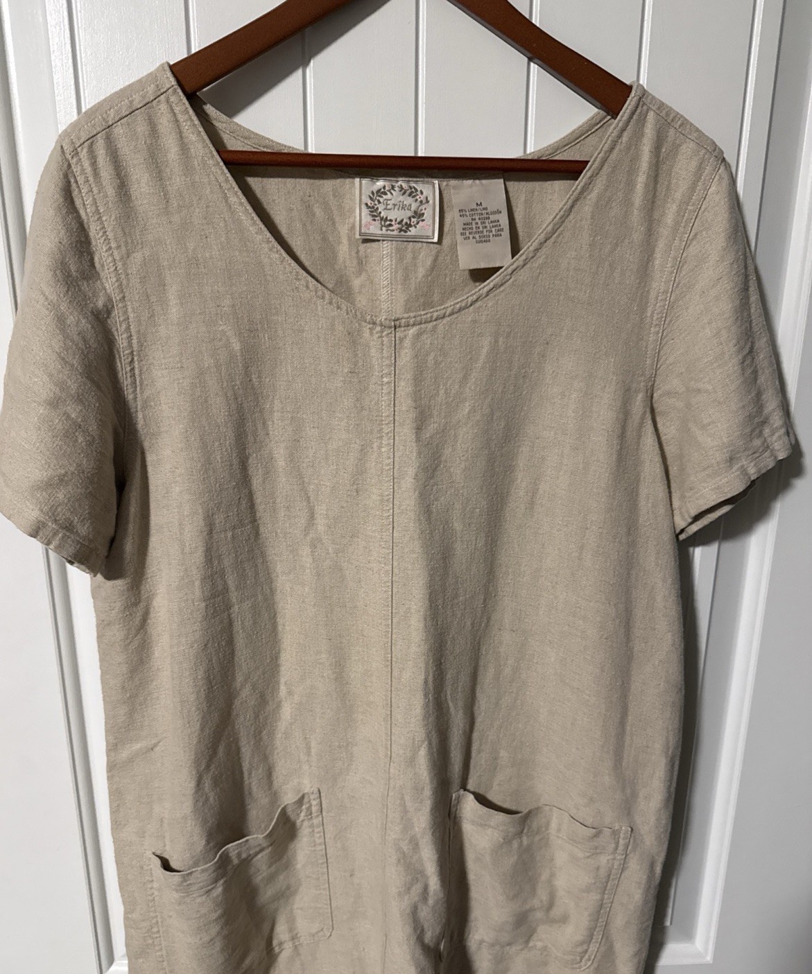 Women’s Vtg Erika Lagenlook Linen Blend Shift Dress Sz M Pockets Boho Chic Artsy