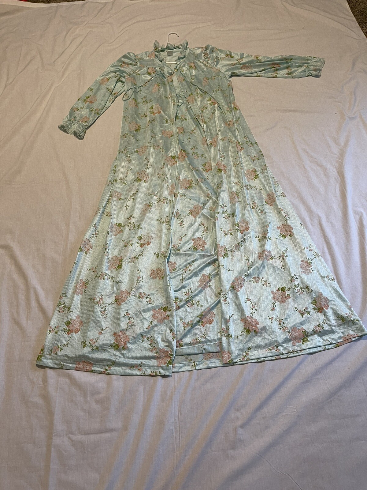 Vtg Dream Away Rare Peignoir Med Nylon Lace Floral Full Length Pale Teal New?