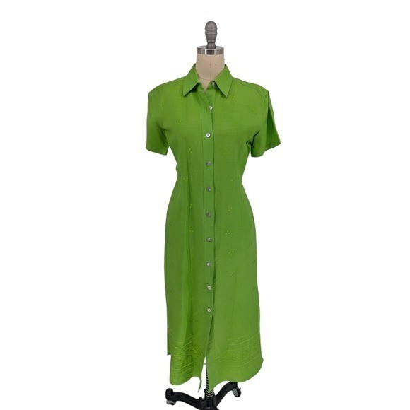 30130 Vintage Jane Ashley Embroidered Ramie Shirtdress Green size Small Petite