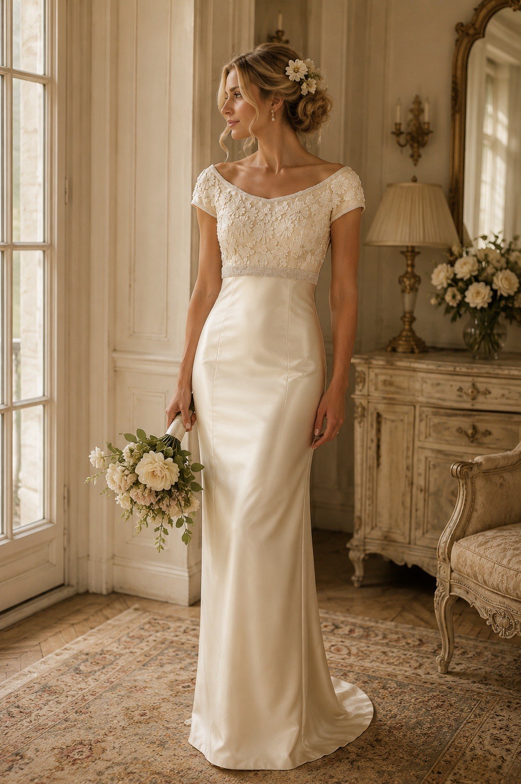 VTG Ivory Satin Beaded Floral Bridal Wedding Dress w/ Detachable Train XS 2-4