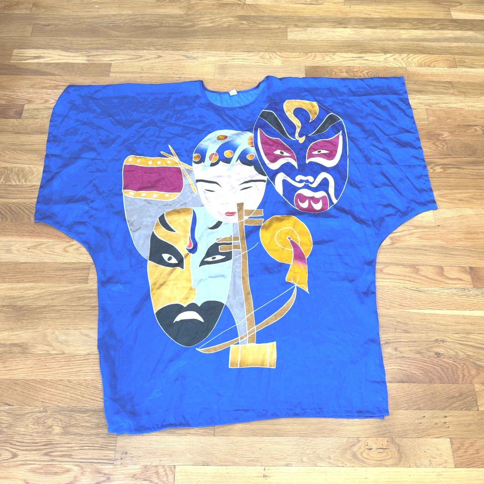 Vintage Hand Painted Caftan Top Blue Chinese Opera Mask Art Batwing One Size
