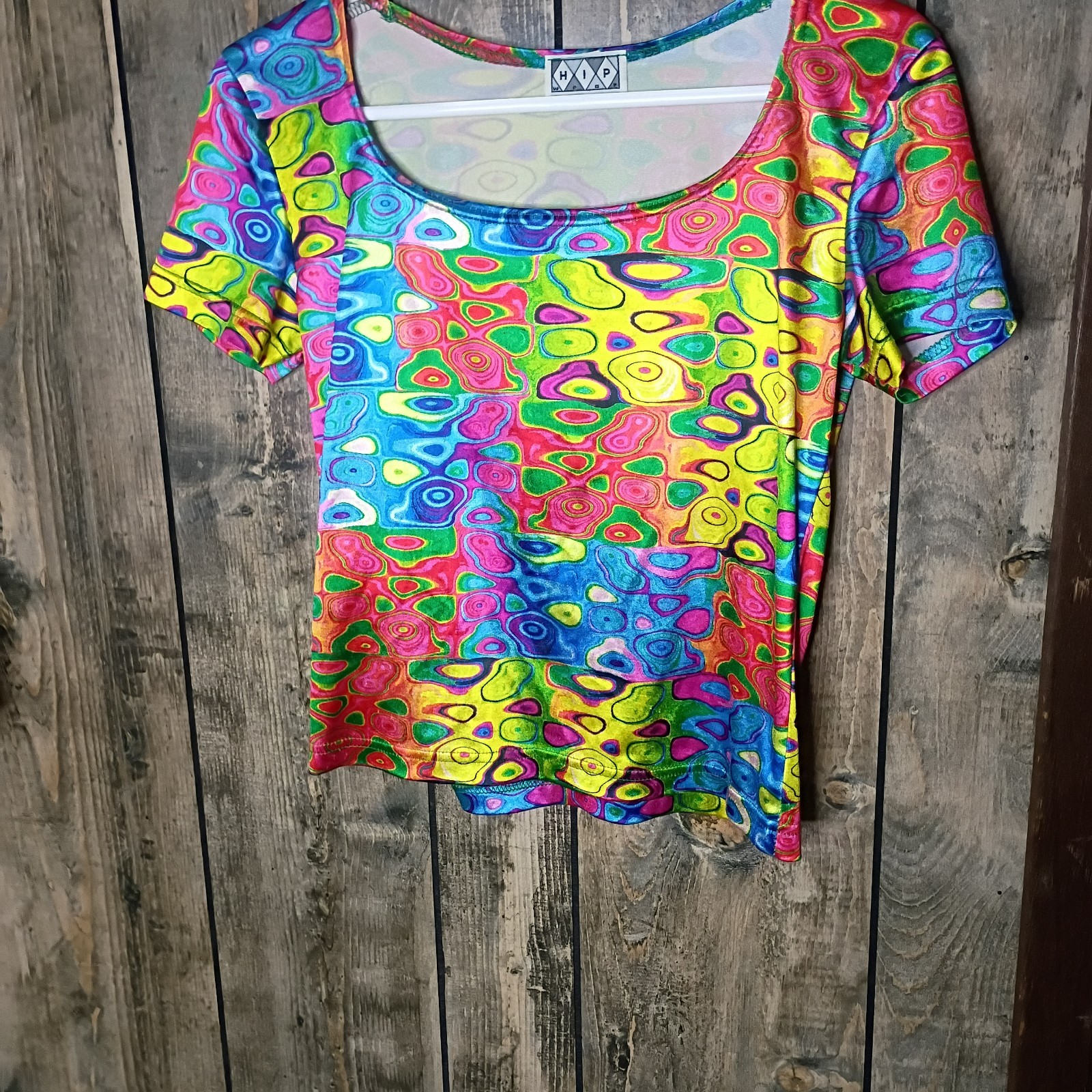 Vintage 90s HIP Wear Psychedelic Trippy Rave Top Shirt Neon Multicolor Scoop M