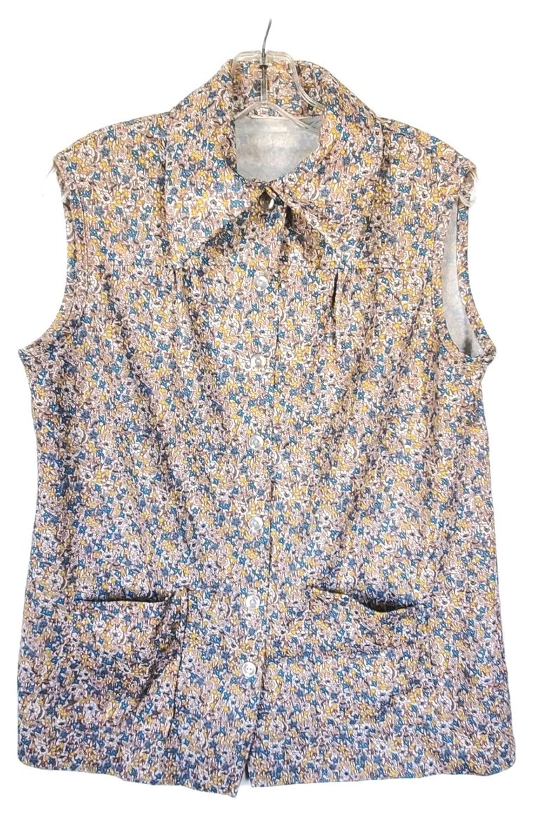 Vintage 60s 70s Sleeveless Floral Button Down Blouse Vest Mod Boho Cottagecore L