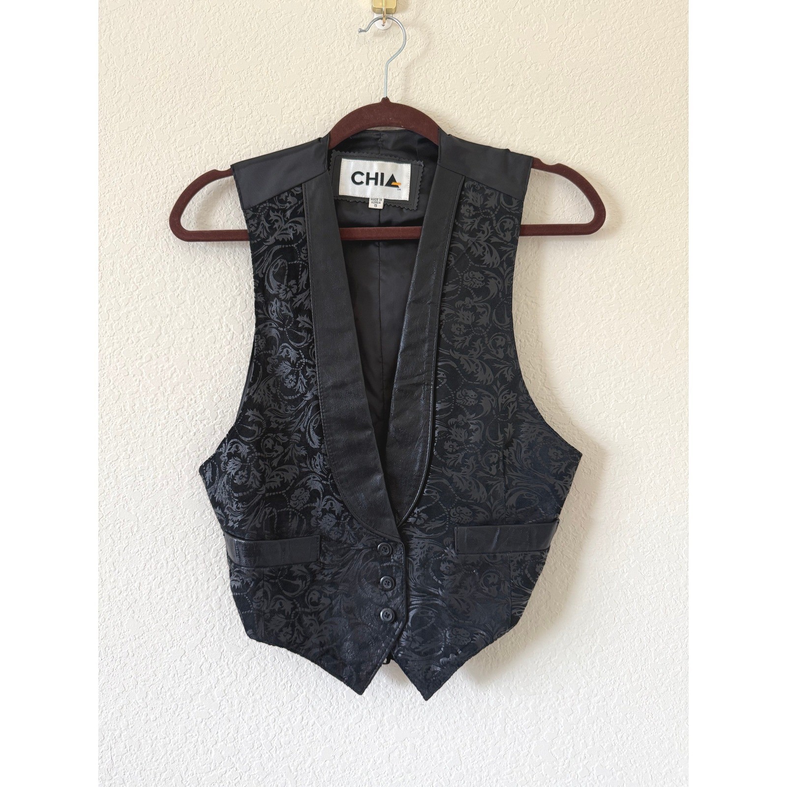 CHIA Vintage Womens Black Leather Brocade Tuxedo Vest Floral Damask Sz S Grunge