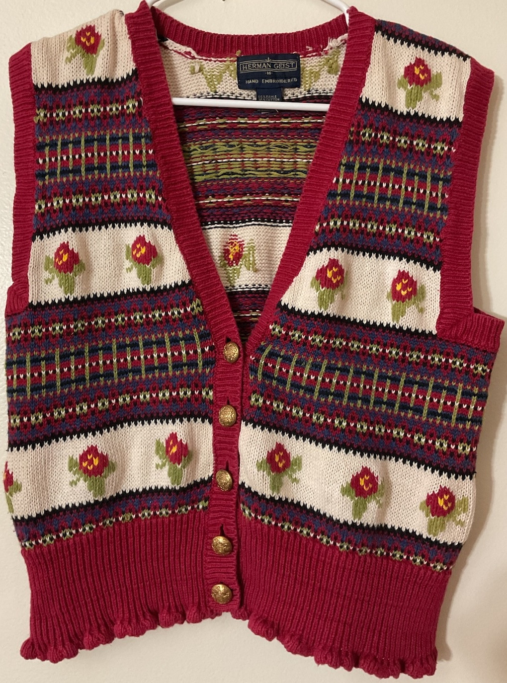 Vintage Herman Geist Fair Isle Knit sweater Vest Cottagecore 90s Medium