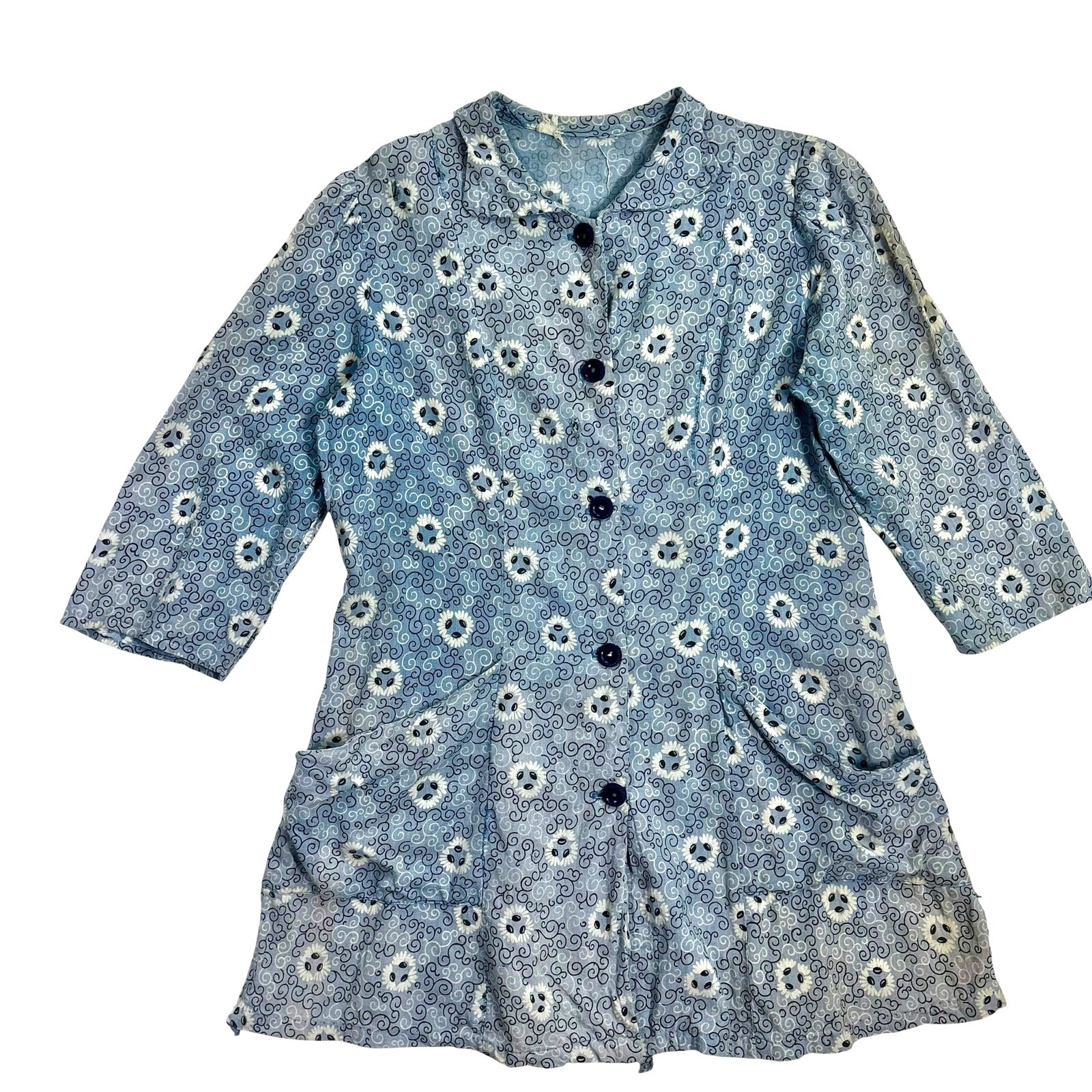 Vintage 1940s Cotton Chore Coat Floral Print Long Sleeve Work Jacket As Is