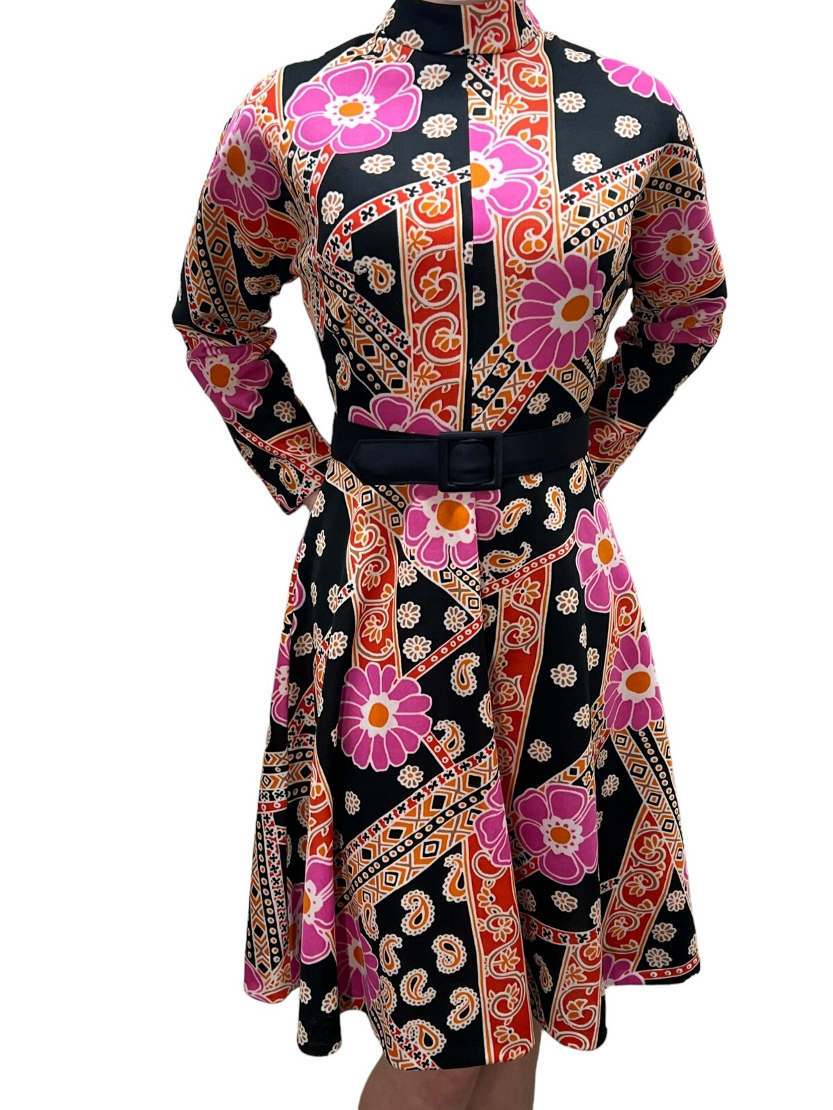 S/M Vtg 70s Mini Dress Flower Power Dolman Sleeve Fit Flare PINK Black POLY KNIT