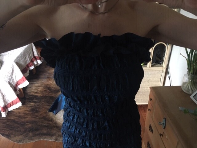 True Vintage 1980s L A Glo Shimmery Midnight Blue Stretch Tube Dress w/Big Bow