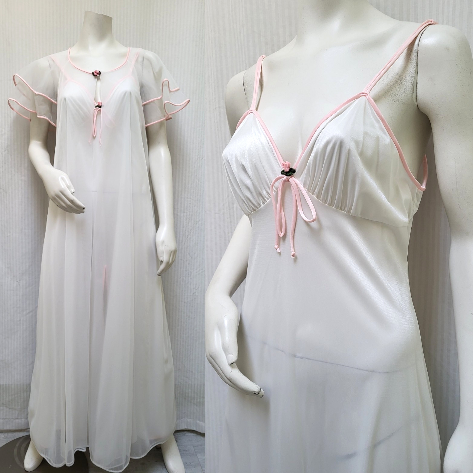 Vintage 2 Piece VAL MODE White Nylon Chiffon PEIGNOIR Robe & Nightgown – Size M