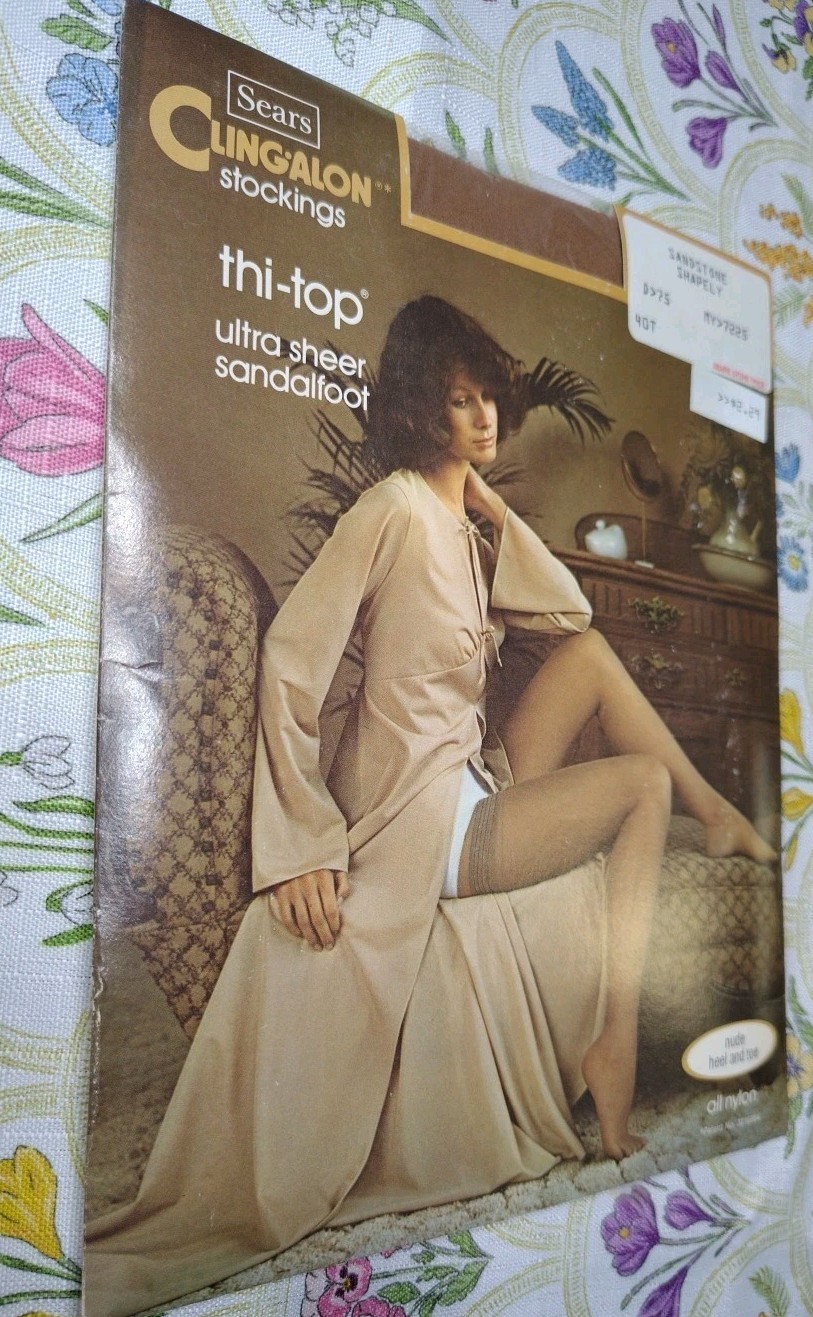 Vintage Sears Cling Alon Clingalon Thi Top Thigh High Stockings Sandstone