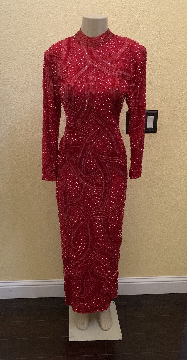 VTG Judith Ann Creations Size Small Red Long Sleeve Embellished Evening Dress